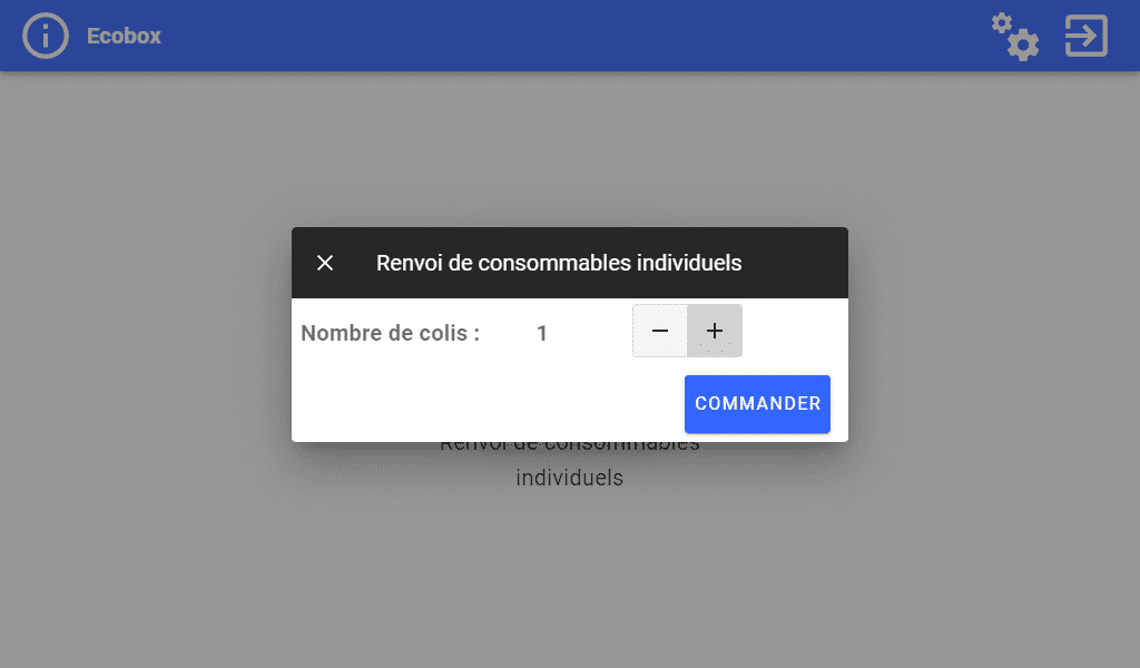 Application Ecobox - Ecran sélection nombre de colis Ecran de configuration Ecobox renvoi de consommables individuels nombre de colis
